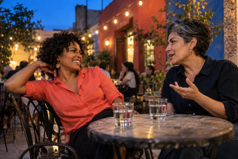 Dos amigas latinas de distintas edades conversan en una terraza al anochecer, con luces azules y coral. Imagen editorial generada con IA; personas ficticias.