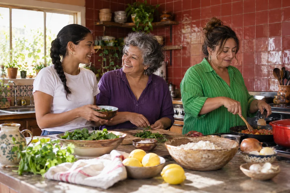 Tres generaciones de mujeres latinas cocinan juntas en una cocina con azulejos rojos; cada una participa en una tarea distinta. Imagen editorial generada con IA; personas ficticias.