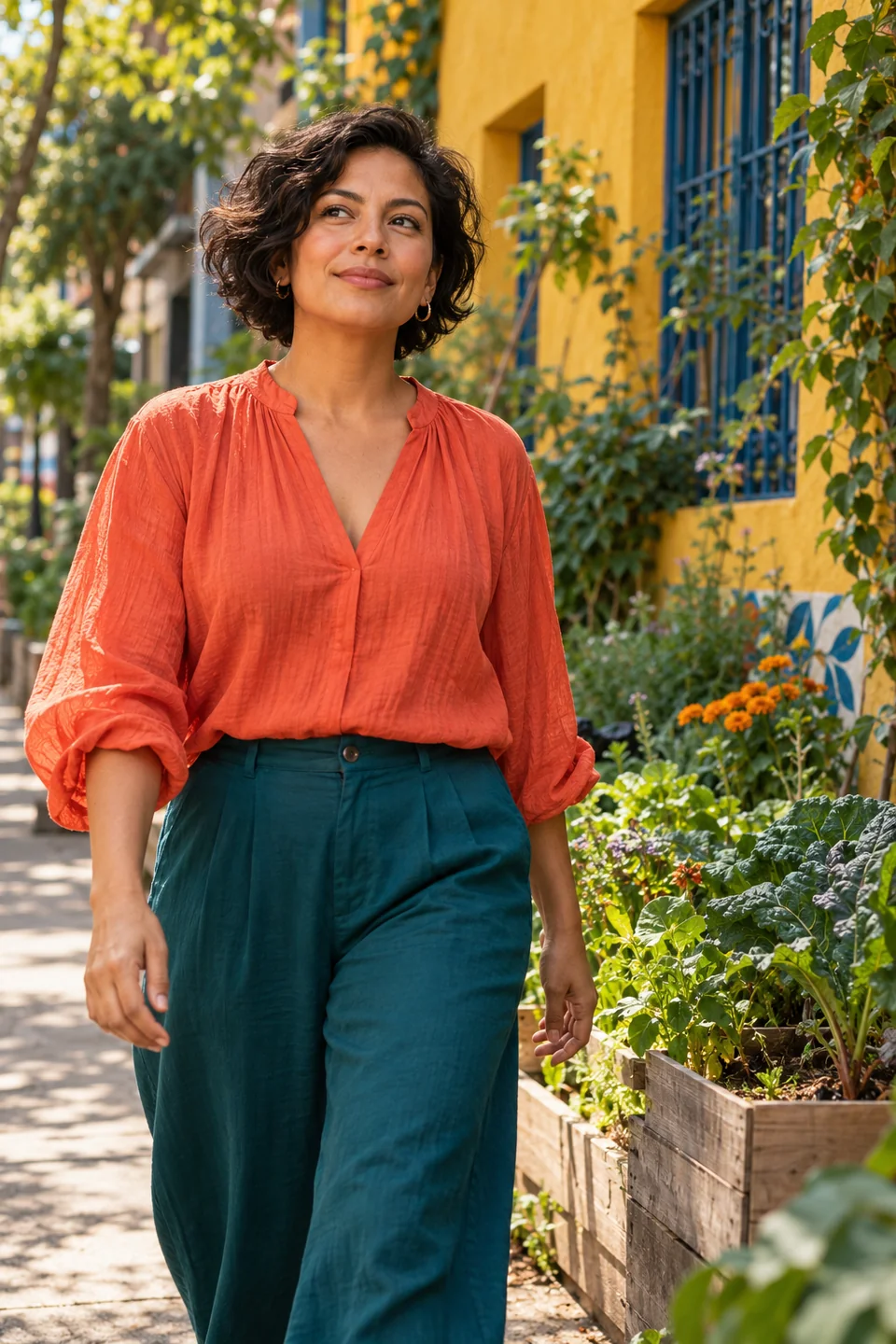 Latina de treinta y tantos años con blusa coral, en un jardín comunitario de muros amarillos y puerta azul. Imagen editorial generada con IA; personas ficticias.