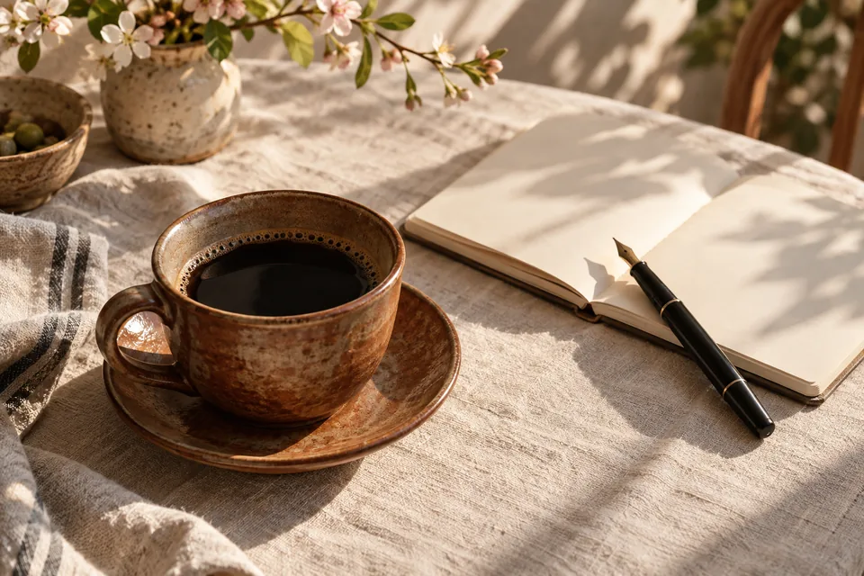 Una taza de café junto a un cuaderno abierto sobre una mesa, lista para una pausa
