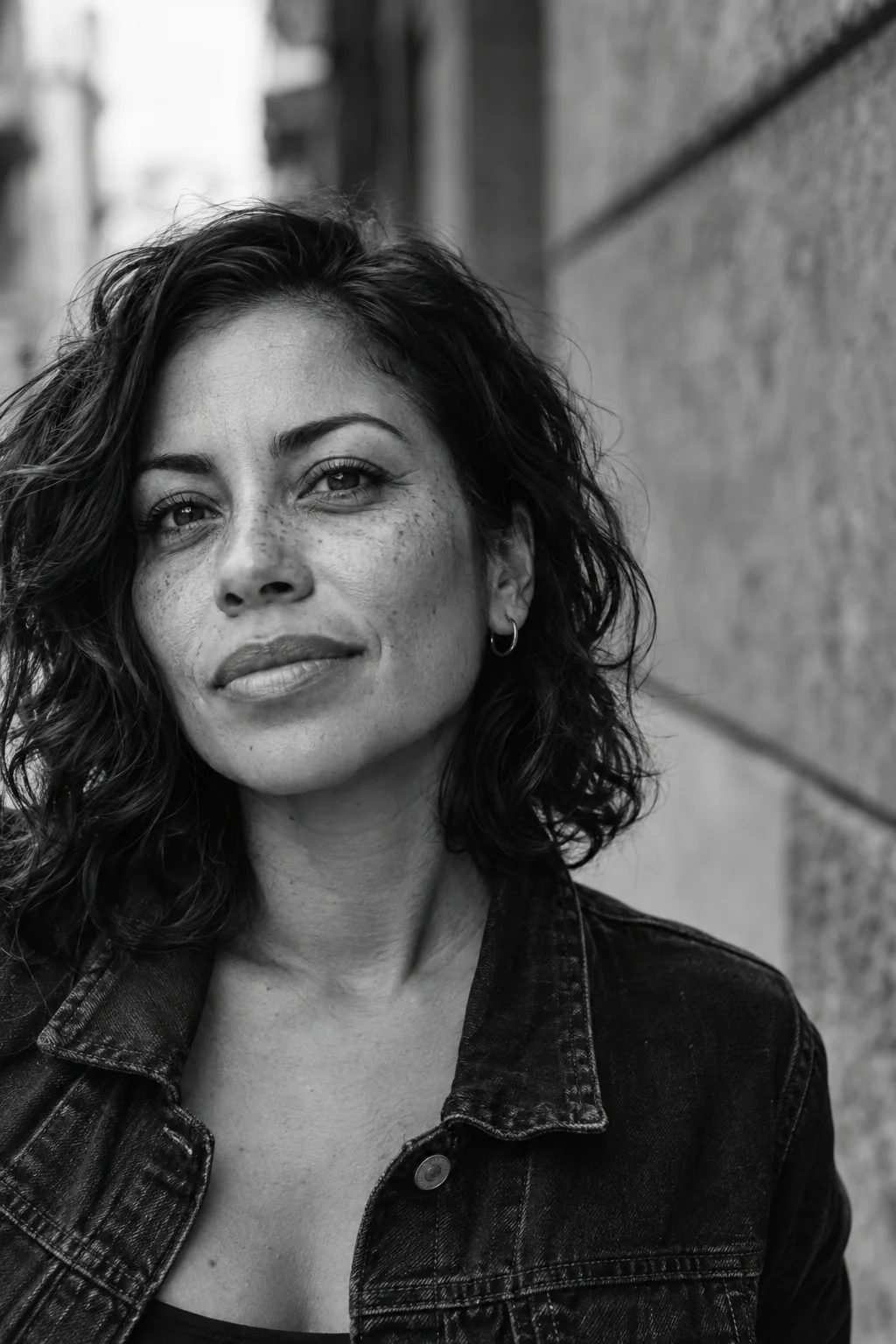 Retrato en blanco y negro de una mujer junto a un muro urbano, con mirada directa.