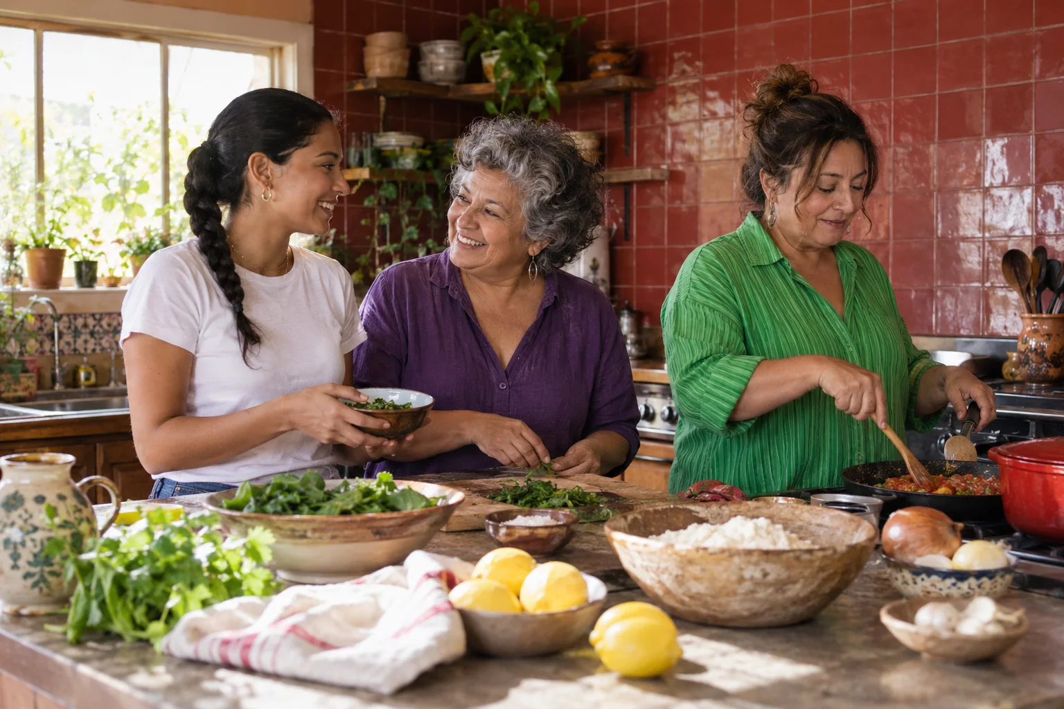 Tres mujeres de distintas generaciones comparten la preparación de una comida en una cocina roja.