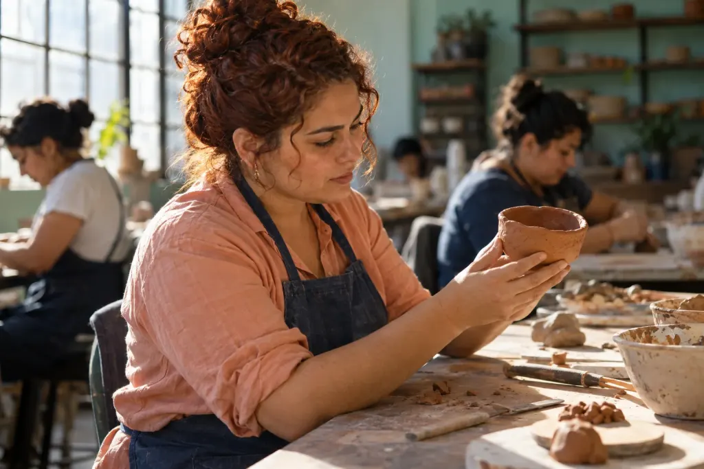Una mujer observa un cuenco de barro que acaba de modelar en un taller compartido.