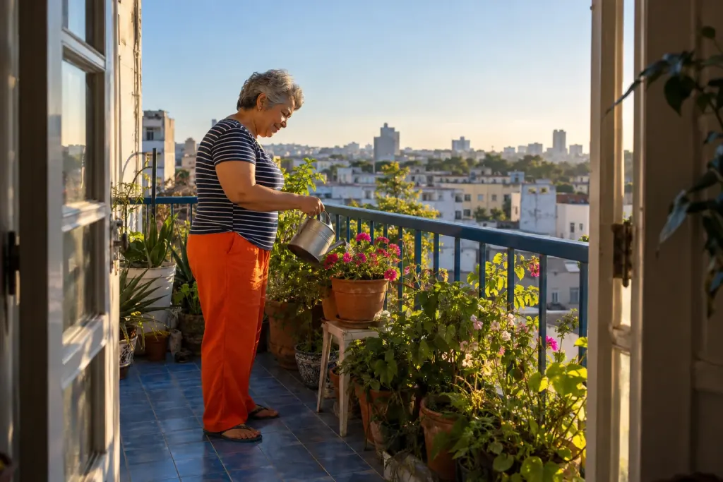 Una mujer de cabello canoso riega plantas en un balcón azul durante una mañana tranquila.