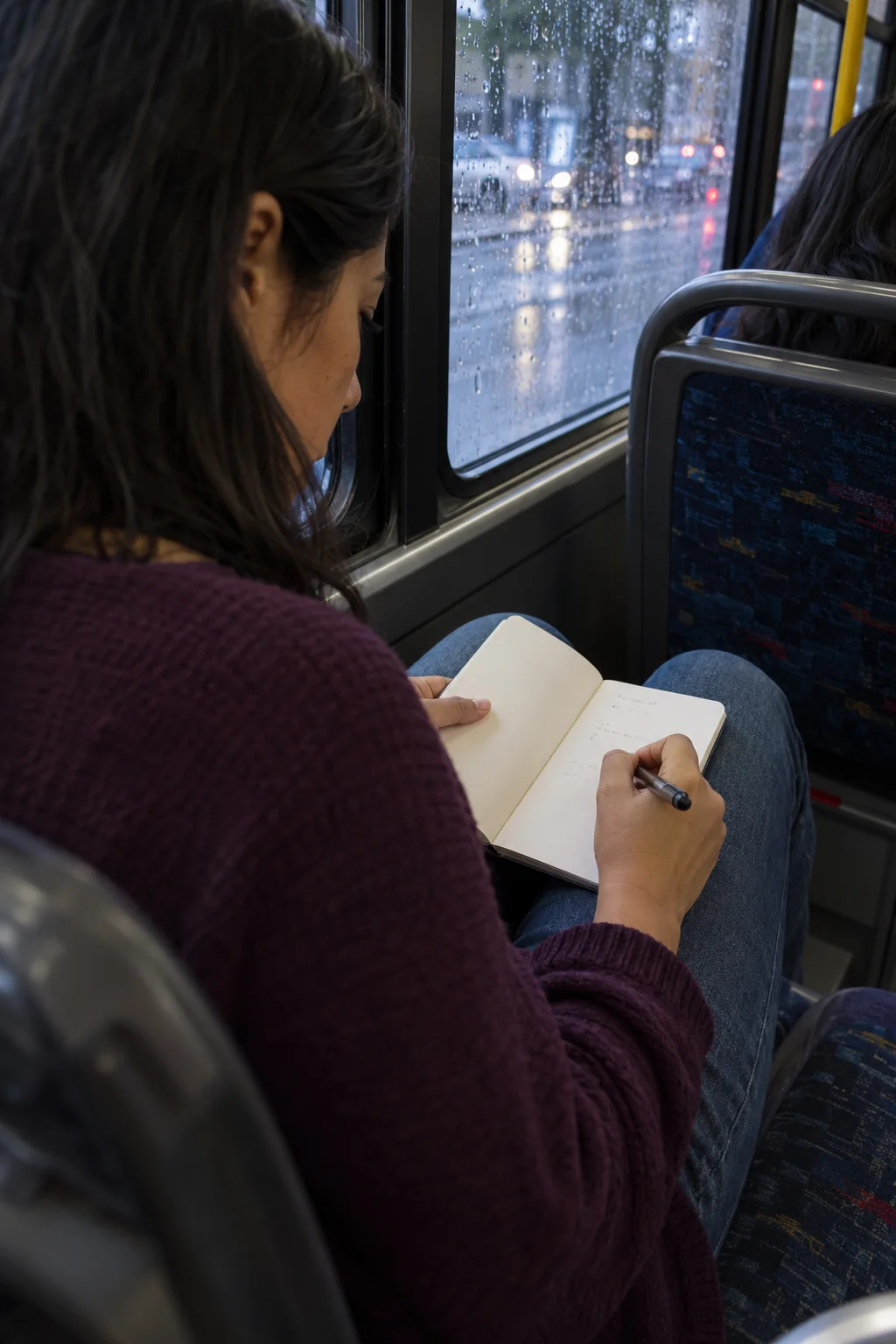 Una mujer escribe en una libreta sobre sus piernas mientras viaja junto a una ventana de autobús.