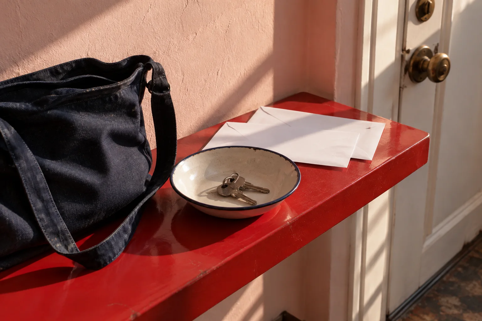 Llaves, sobres cerrados y una bolsa de tela descansan sobre una repisa roja junto a la puerta.