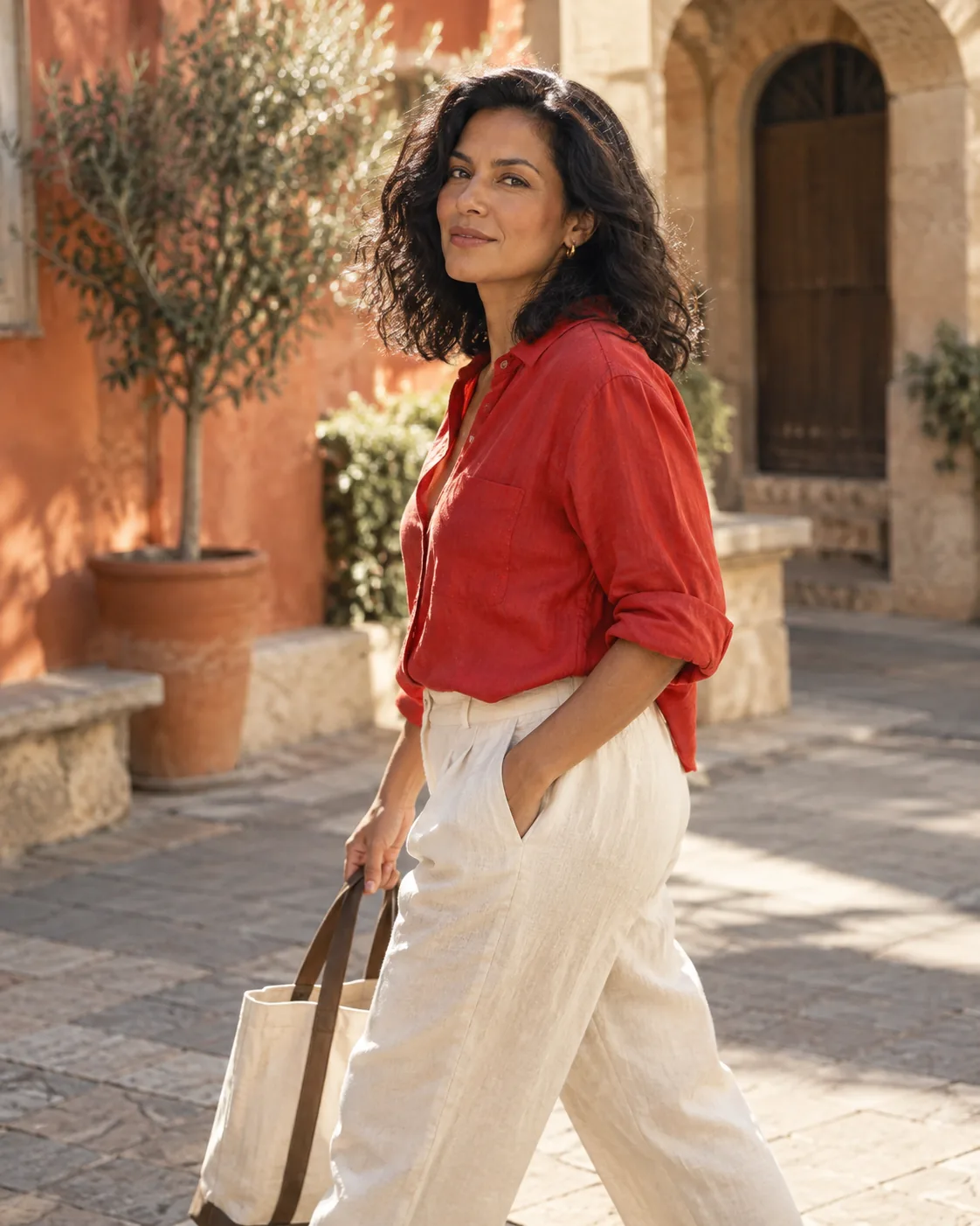 Escena creada con IA: una mujer con blusa roja y bolso de tela camina por un patio soleado.