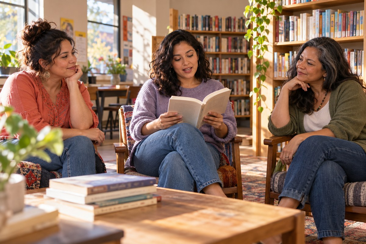 Escena editorial de tres latinas adultas compartiendo una lectura en una biblioteca. Imagen generada con IA; personas ficticias.