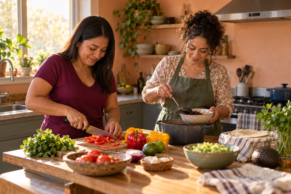 Escena editorial de dos latinas adultas compartiendo las tareas de cocina. Imagen generada con IA; personas ficticias.