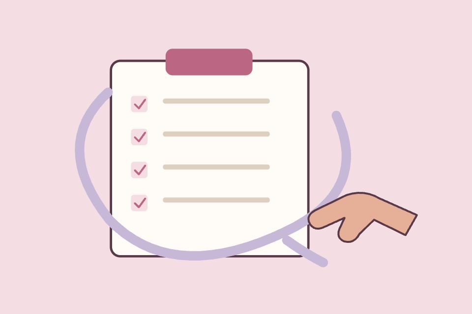 Una lista de tareas de cuidado rodeada por una cinta; una mano afloja la cinta y deja una casilla libre.