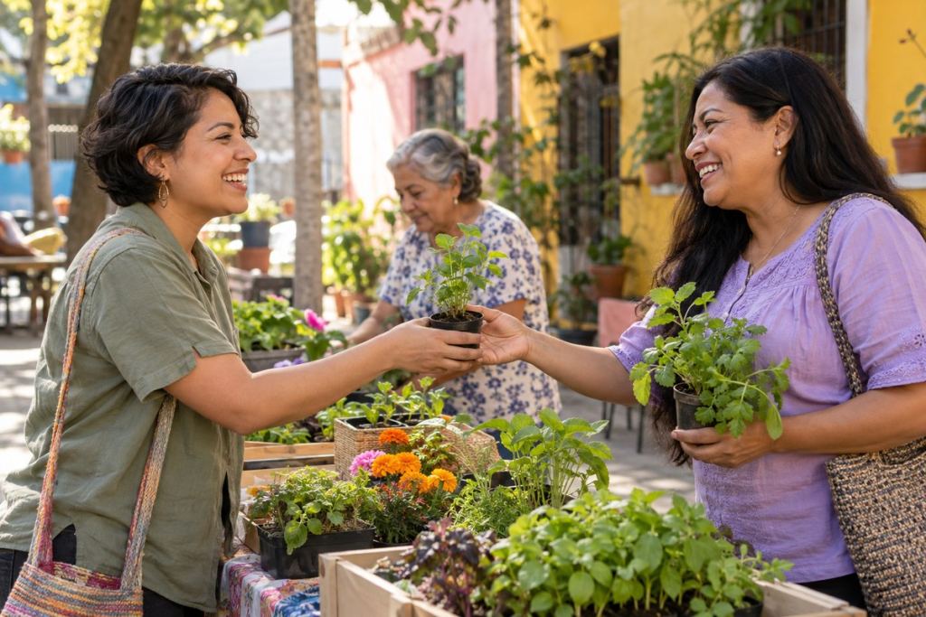 Escena editorial de vecinas latinas adultas intercambiando plantas en un patio del barrio. Imagen generada con IA; personas ficticias.