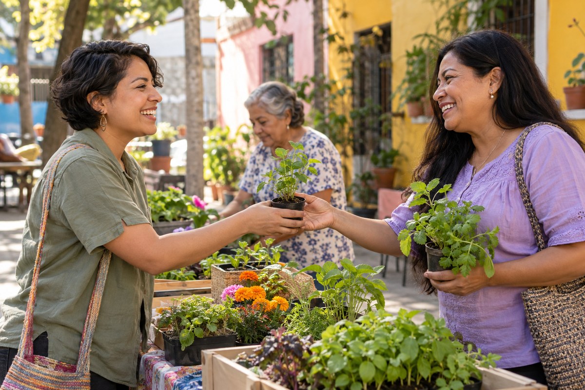 Escena editorial de vecinas latinas adultas intercambiando plantas en un patio del barrio. Imagen generada con IA; personas ficticias.