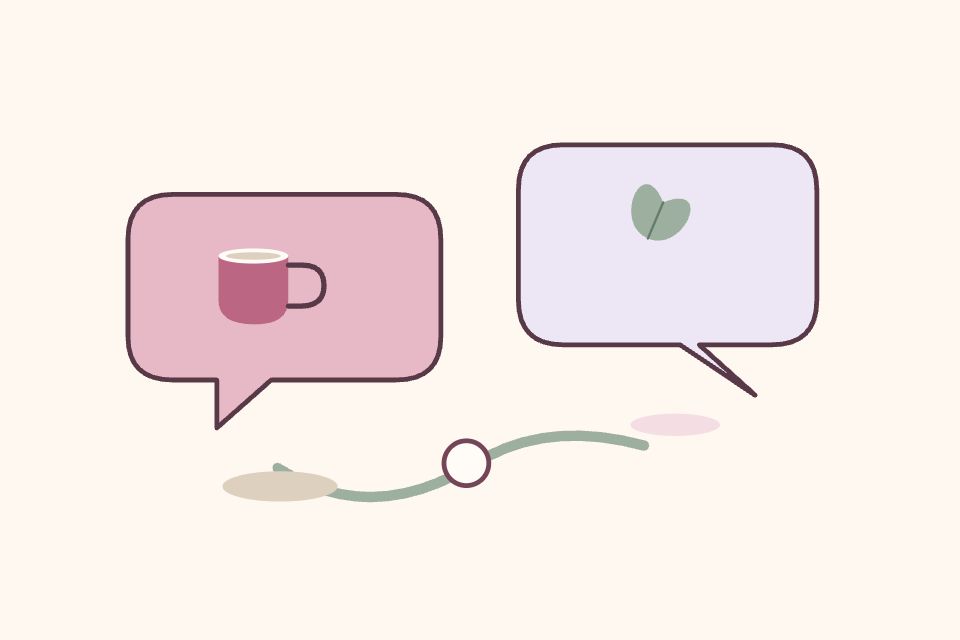 Dos globos de conversación con una taza y una hoja muestran experiencias distintas conectadas por un hilo.