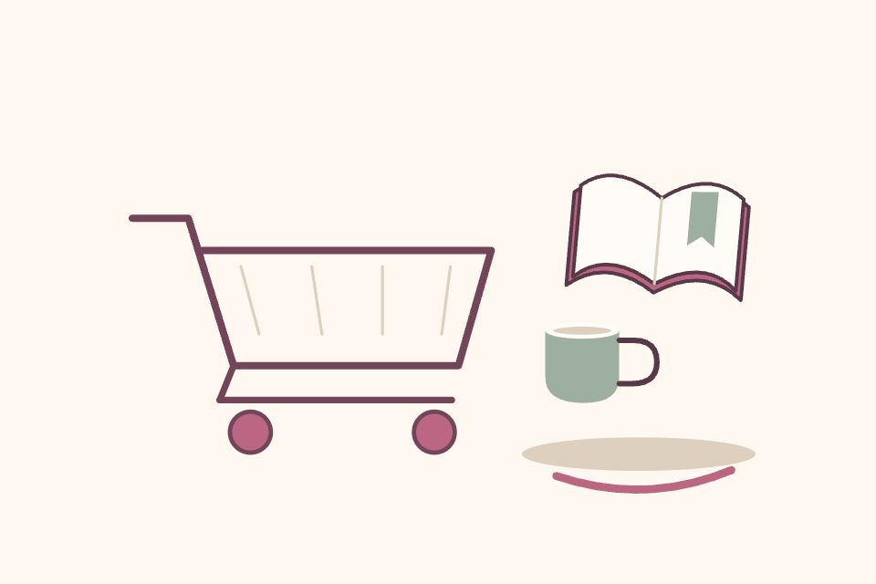 Carrito de compras vacío a un lado; al otro, una taza y un libro abierto representan cuidados cotidianos.
