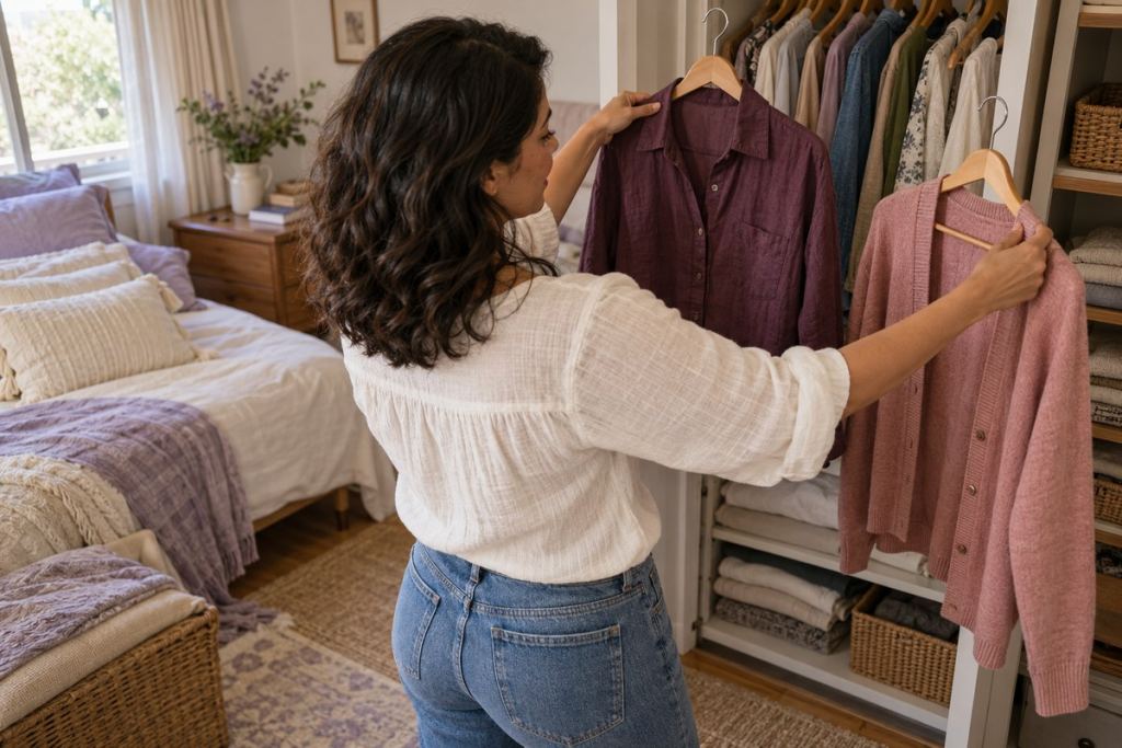 Escena editorial de una latina de treinta y tantos combinando prendas de su armario. Imagen generada con IA; personas ficticias.