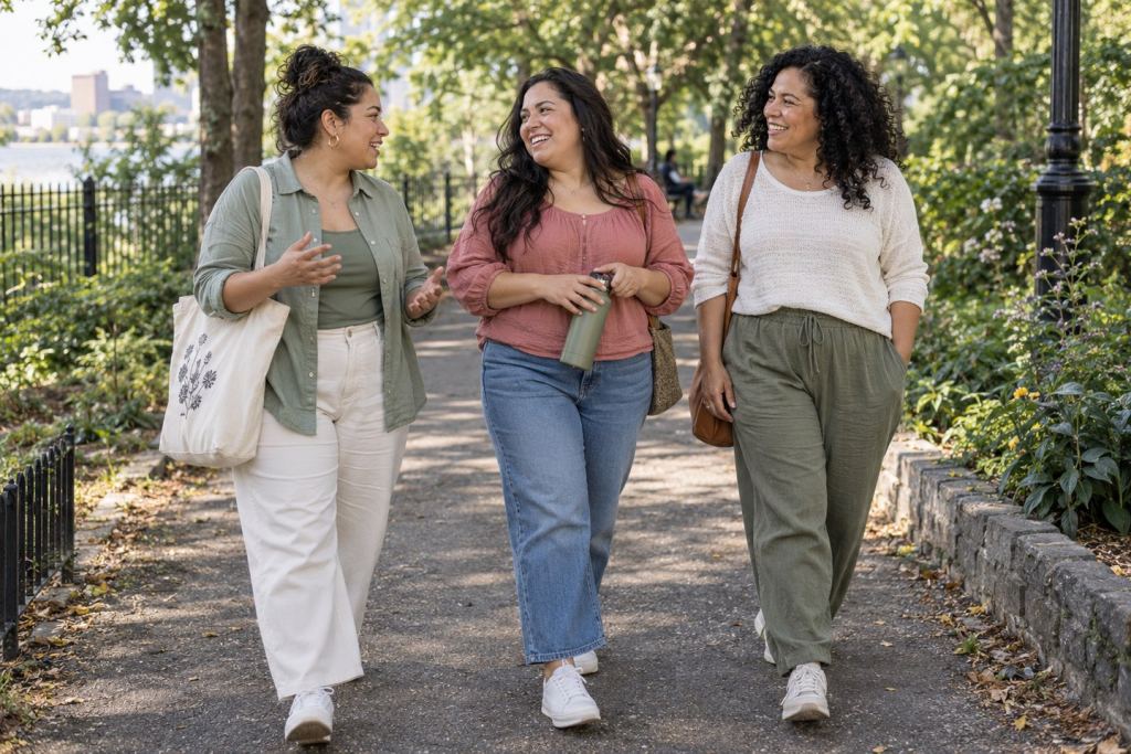 Tres amigas latinas adultas caminan y conversan por un sendero urbano arbolado. Imagen editorial generada con IA; personas ficticias.