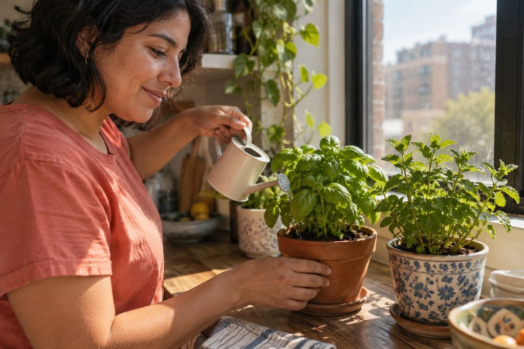 Latina adulta cuida dos macetas de hierbas junto a la ventana de una cocina. Imagen editorial generada con IA; persona ficticia.