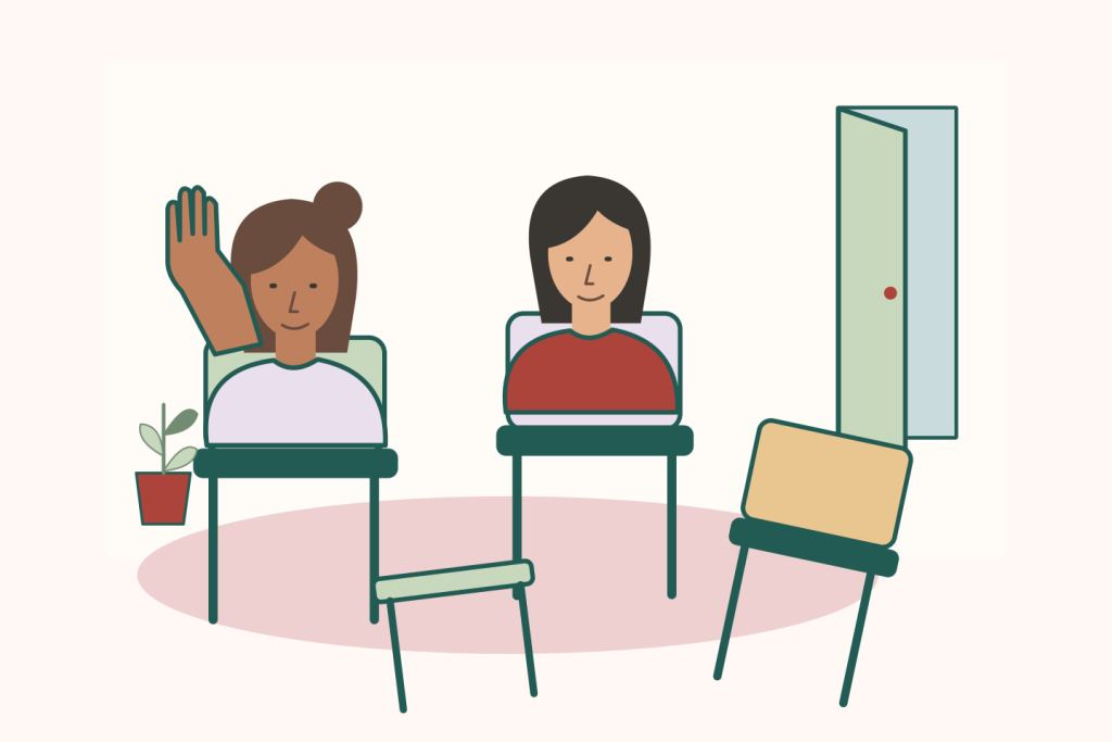 Un grupo pequeño de mujeres se reúne entre sillas; una mujer alza la mano y la puerta del cuarto está abierta.