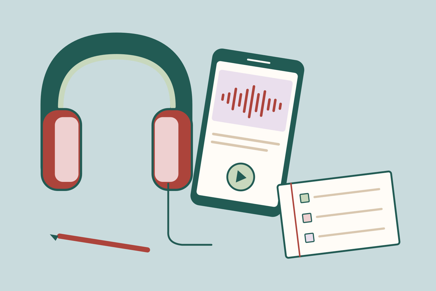 Audífonos junto a un teléfono que muestra ondas de audio y una libreta con casillas de preguntas.