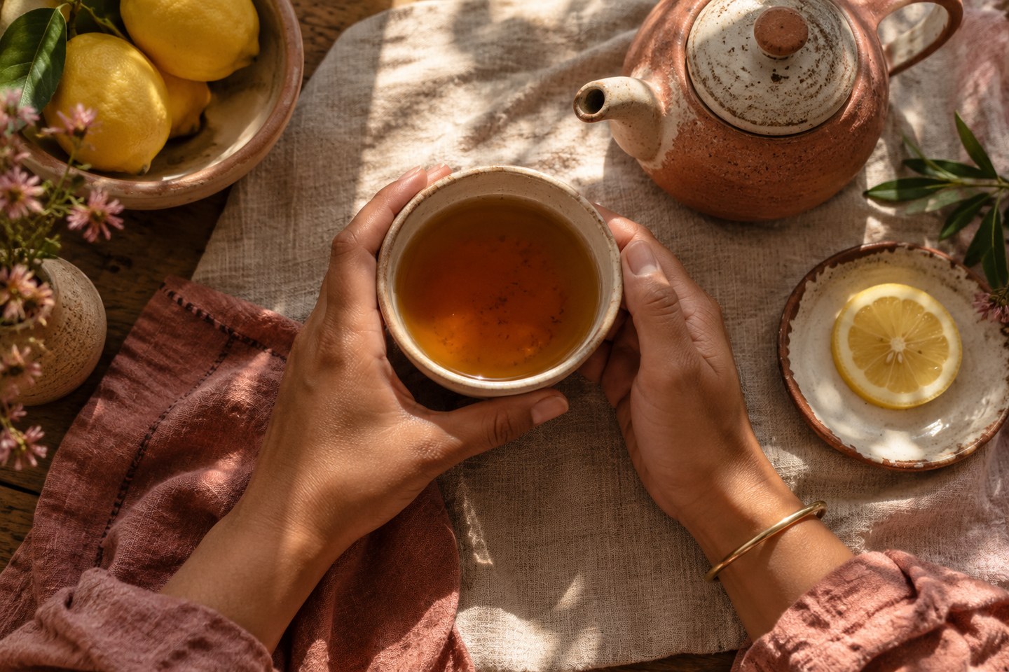 Unas manos sostienen una taza de cerámica junto a una tetera en una mesa cotidiana. Imagen editorial generada con IA.