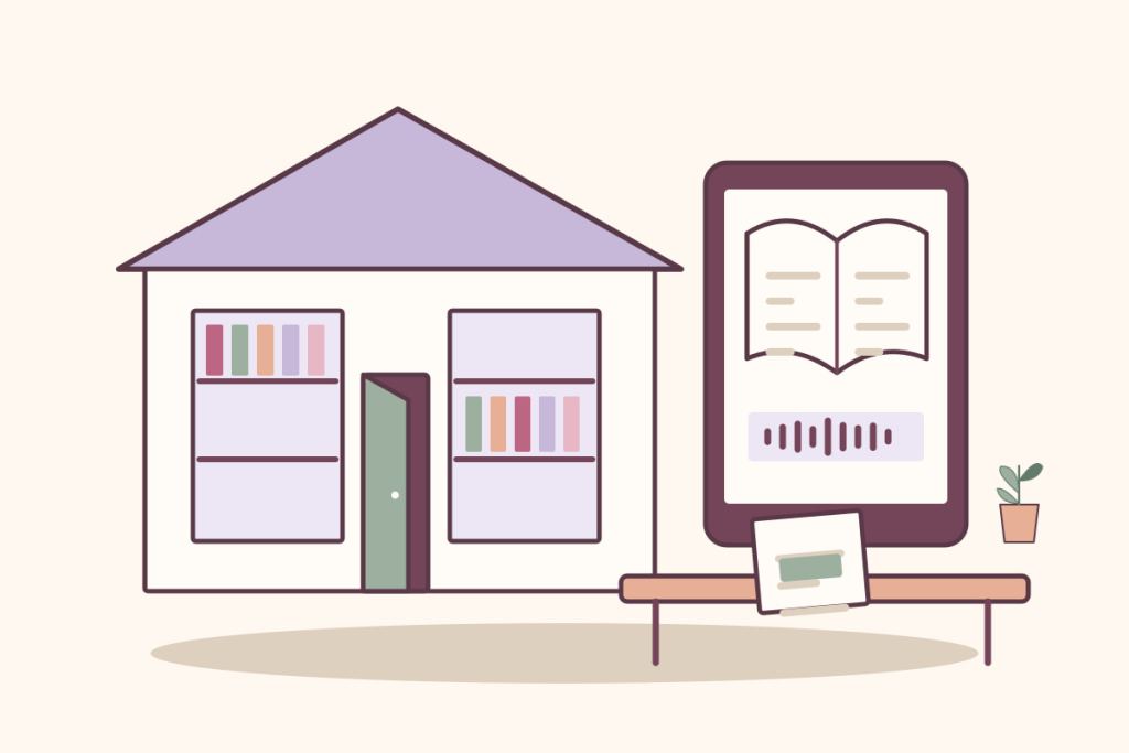 Biblioteca con estantes, una puerta abierta, un dispositivo de lectura y una mesa para actividades.