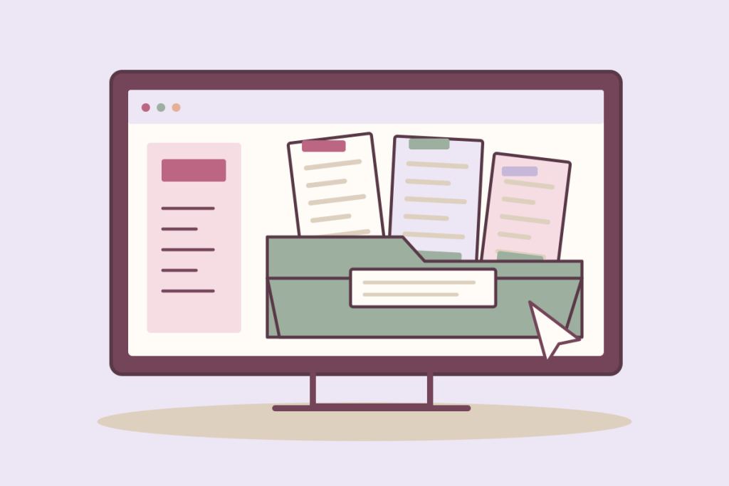 Carpeta digital abierta con documentos organizados, pestañas y un cursor sobre una pantalla.