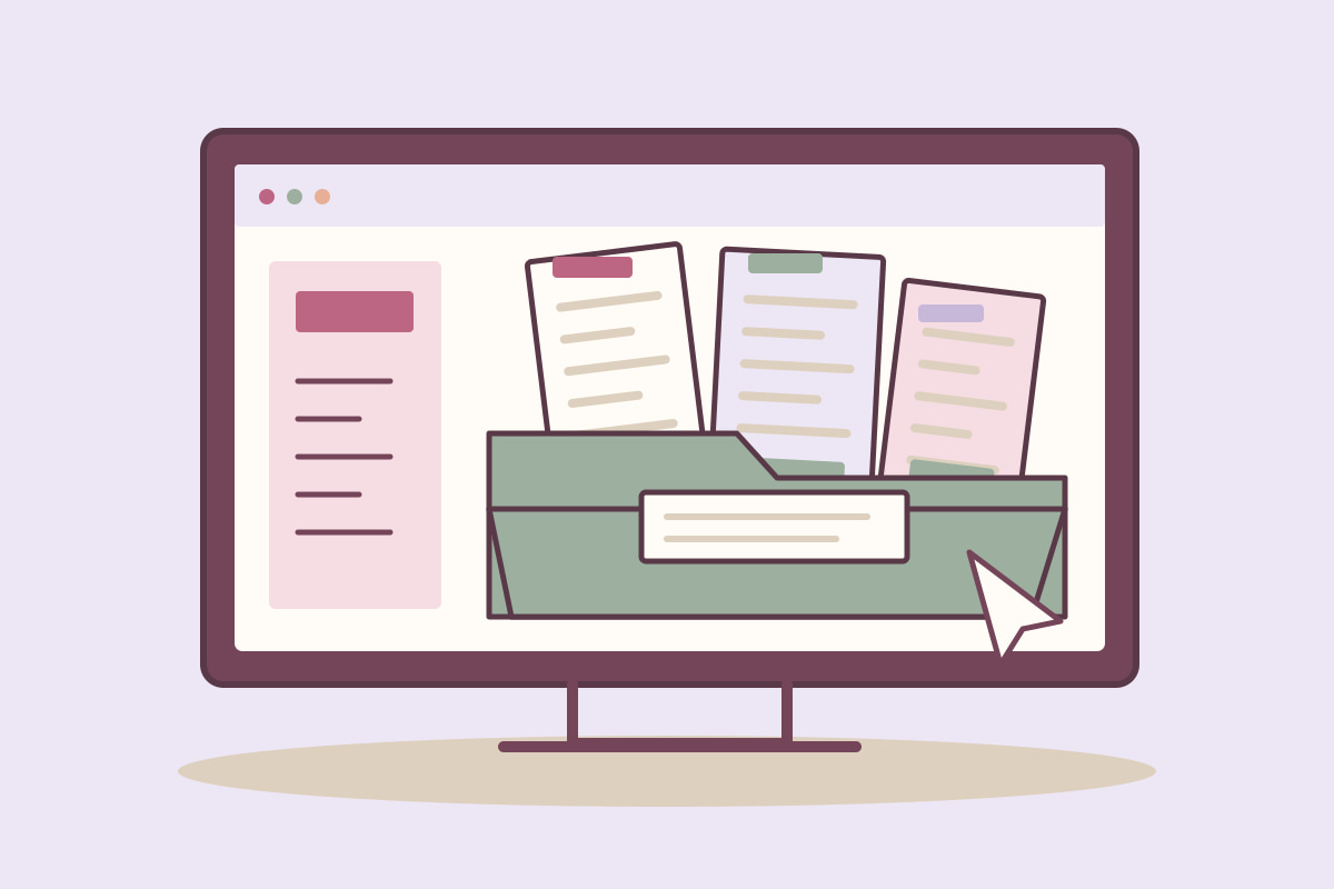 Carpeta digital abierta con documentos organizados, pestañas y un cursor sobre una pantalla.
