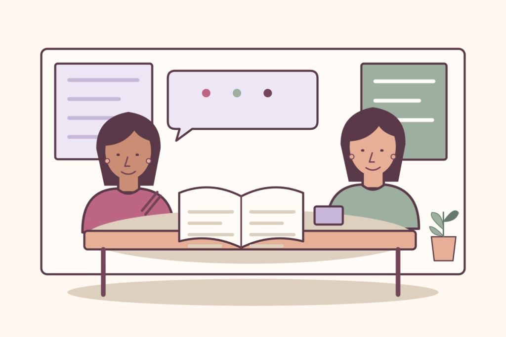 Dos mujeres conversan junto a una mesa con un cuaderno abierto, herramientas y preguntas visuales.