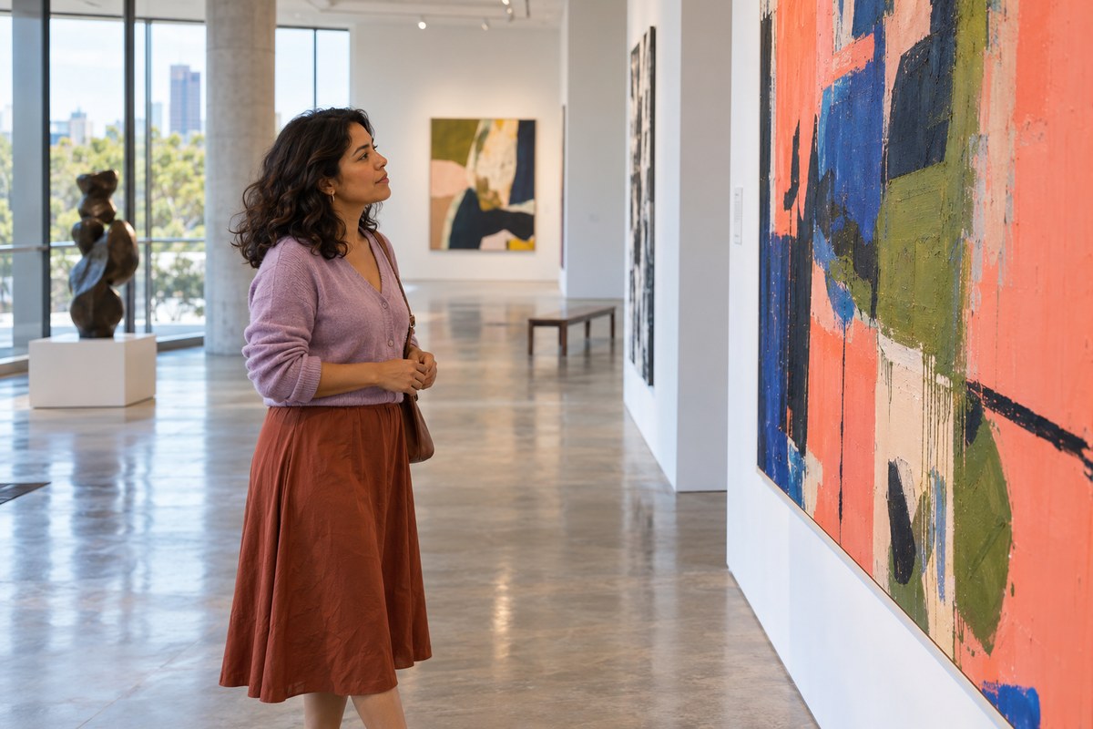 Latina adulta observa una obra abstracta en una galería. Imagen editorial generada con IA; persona ficticia.