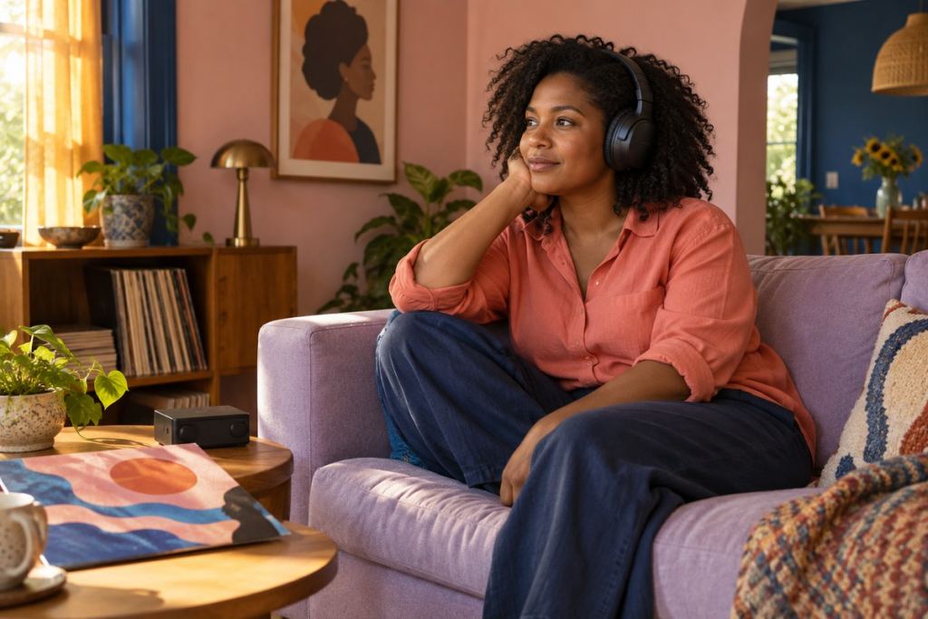 Latina adulta escucha música con atención en casa. Imagen editorial generada con IA; persona ficticia.