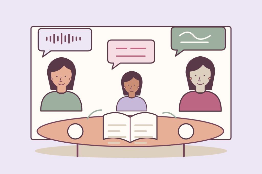 Tres personas de diferentes edades comparten una mesa y globos de conversación con ritmos distintos.