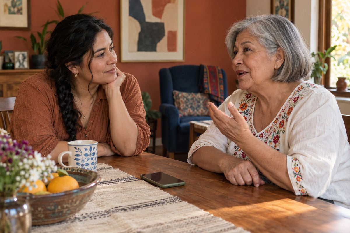 Dos mujeres latinas adultas conversan para conservar una historia familiar. Imagen editorial generada con IA; personas ficticias.
