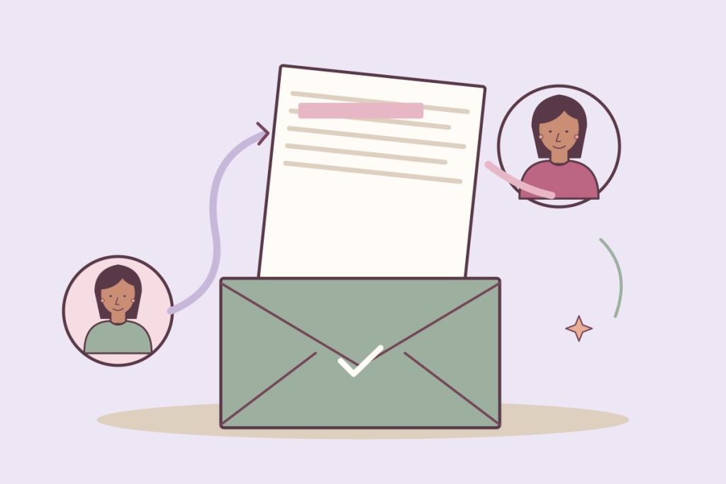 Carta de solicitud junto a un sobre y dos retratos conectados por una cinta.