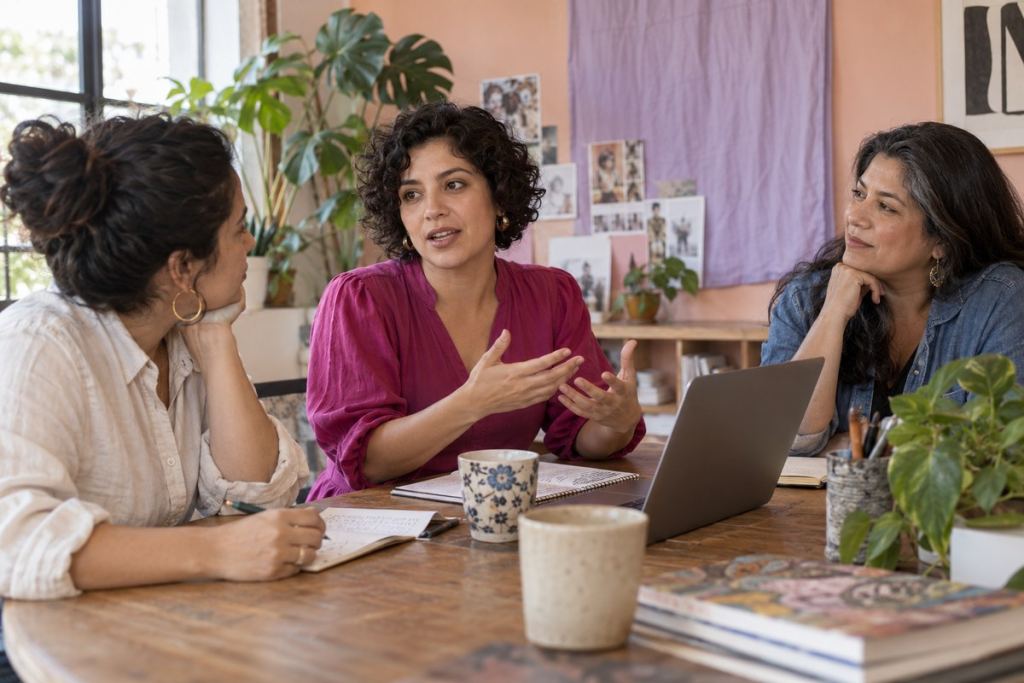 Tres latinas adultas participan en una conversación de trabajo. Imagen editorial generada con IA; personas ficticias.