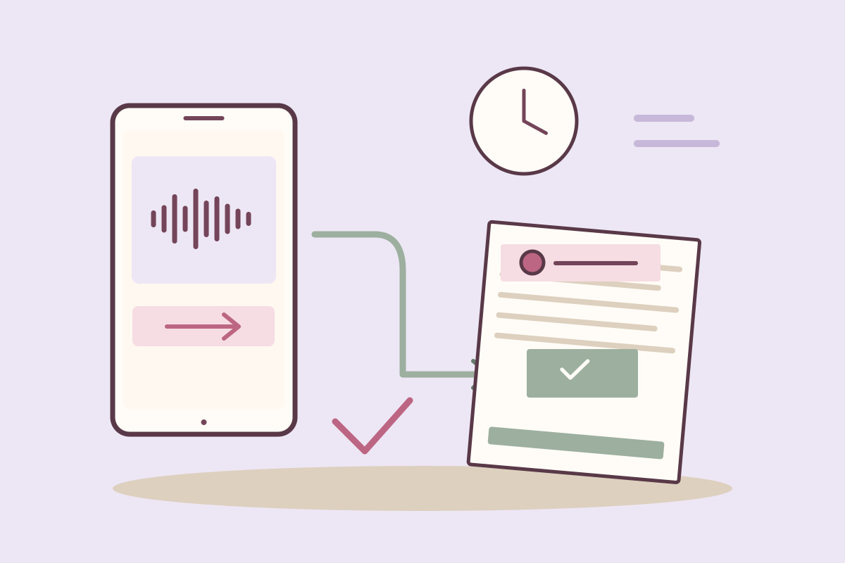 Un audio en un teléfono se conecta con su documento de origen, un reloj y una comprobación de contexto.
